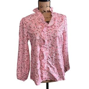 NWOT Pink Floral Ruffle Neck Blouse Long Sleeve Elastic Cuff Cottagecore Top